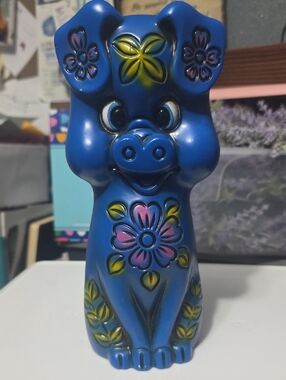 Bright Blue Floral Ceramic Pig Figurine Bank